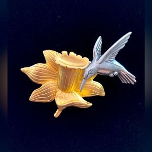 Vintage J.J. Jonette Rare Hummingbird on Flower Trembler Brooch Pin